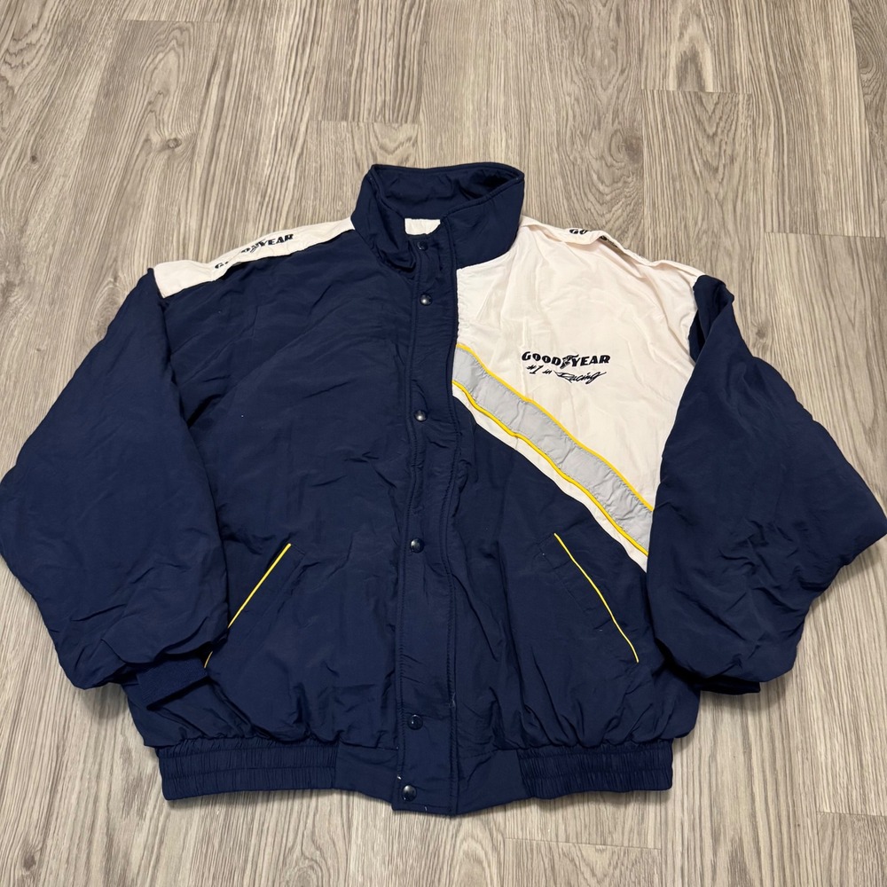 Vintage 90s Goodyear Racing Bomber Jacket Navy White XXL Made in USA - Picture 2 of 8